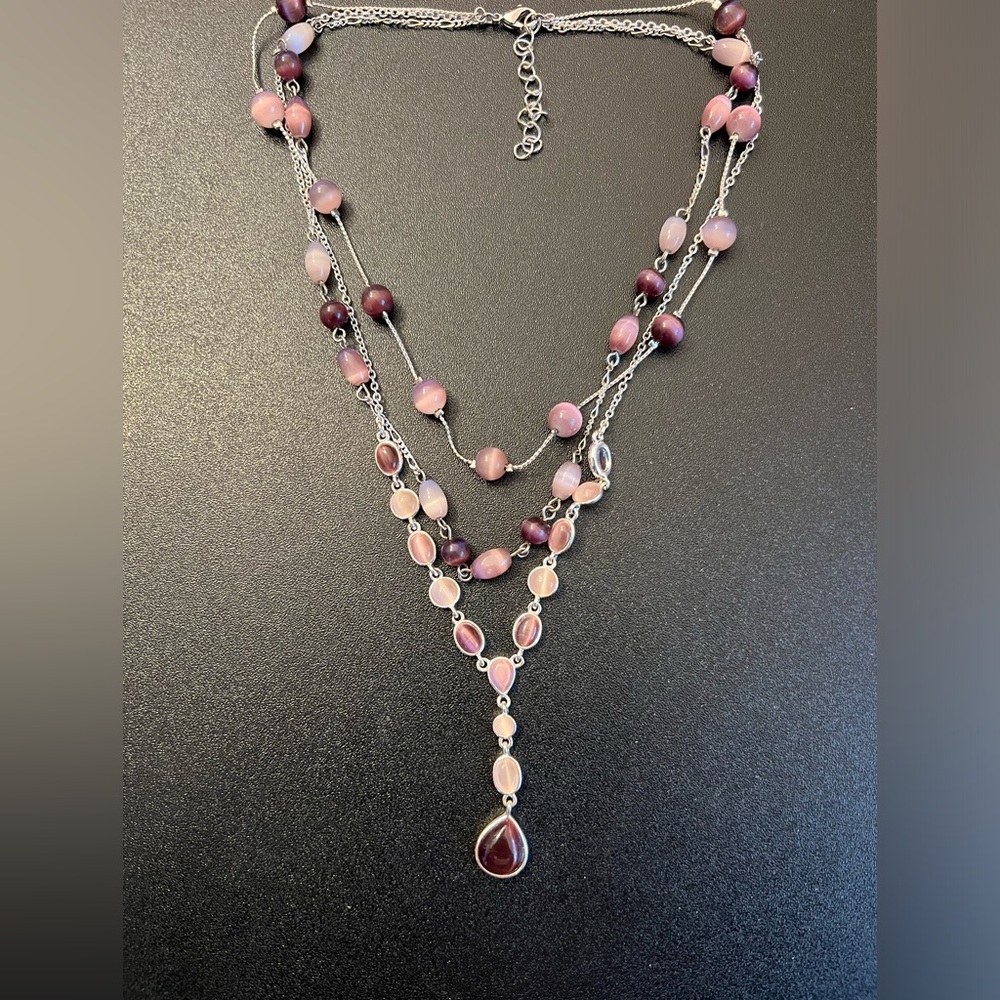 Pink Lavender Purple Beaded Silver Tone Triple Y Drop Necklace